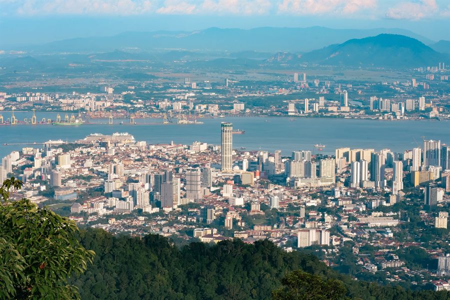 View over George Town in Penang toward the sea and distant hills